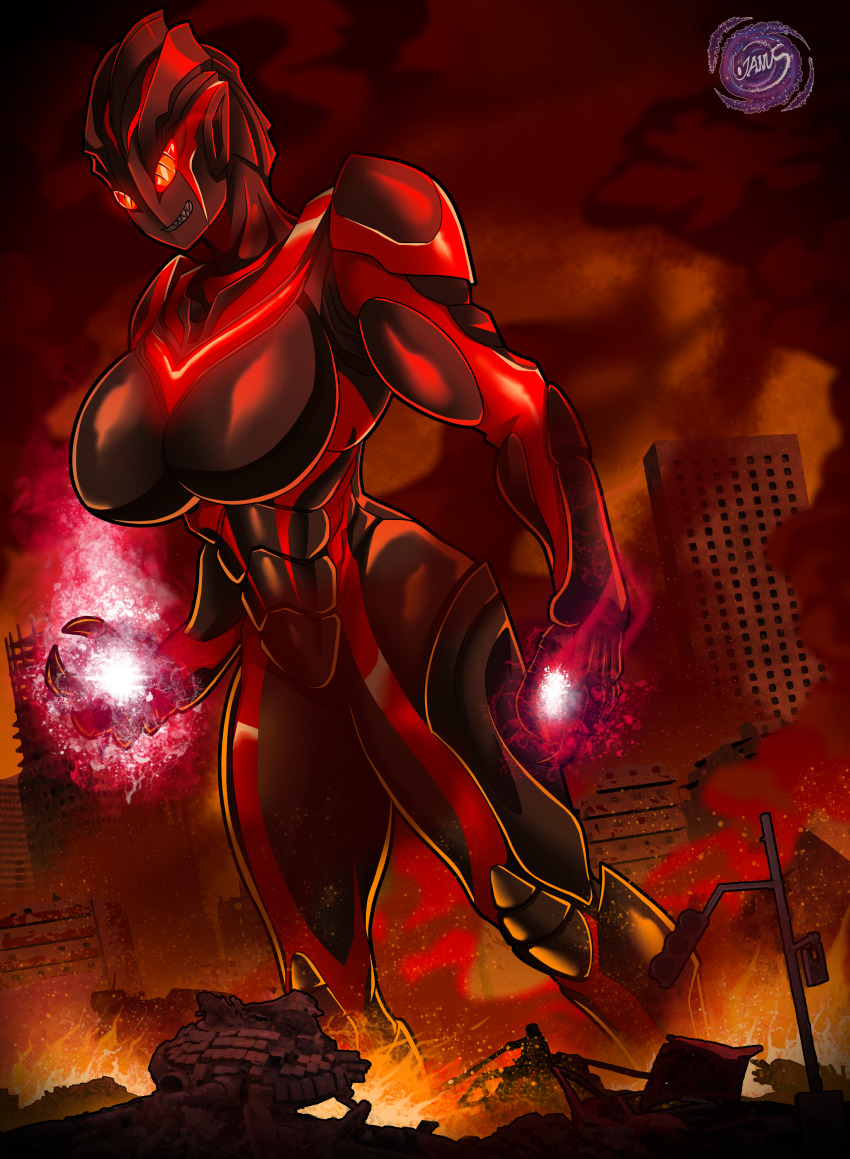 1girl, absurdres, alien, armor, black_skin, breasts, color_timer, colored_skin