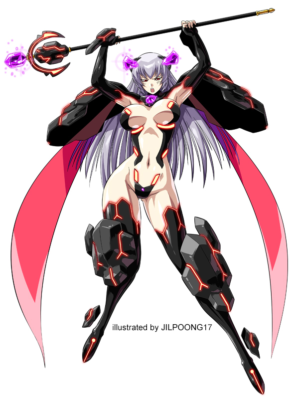 1girl, armpits, arms_up, artist_name, black_sleeves, breasts, center_opening, cleavage