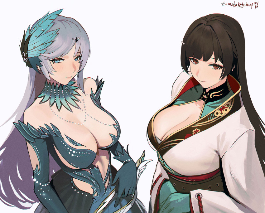 2girls, alternate_breast_size_(larger), aqua_gloves, artist_name, black_hair, blue_eyes, breasts, brown_eyes