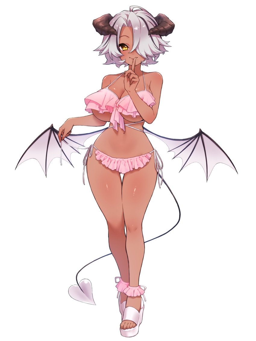1girl, bikini, black_horns, breasts, chain_paradox, dark-skinned_female, dark_skin, demon_tail, frilled_bikini, frills, full_body, gureshi_(tw), hair_over_one_eye, highres, horns, index_finger_raised, large_breasts, looking_at_viewer, navel, piedad_rozano, pink_bikini, platform_shoes, shoes, short_hair, side-tie_bikini_bottom, solo, standing, swimsuit, tail, white_shoes, wings, yellow_eyes