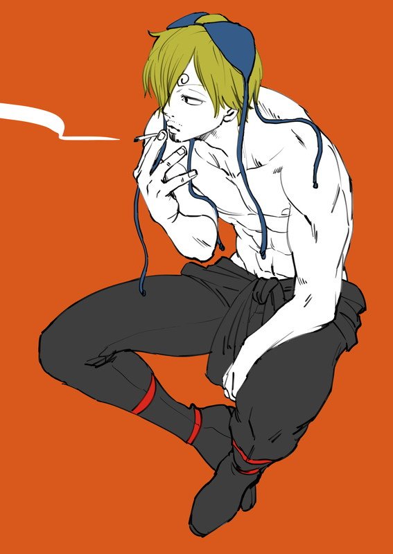 1boy, abs, bikini_top_on_head, blonde_hair, cigarette, commentary_request, curly_eyebrows, facial_hair, goatee, holding, holding_cigarette, invisible_chair, kuri_(pienu), male_focus, mustache, one_piece, orange_background, sanji_(one_piece), short_hair, sitting, solo, topless_male