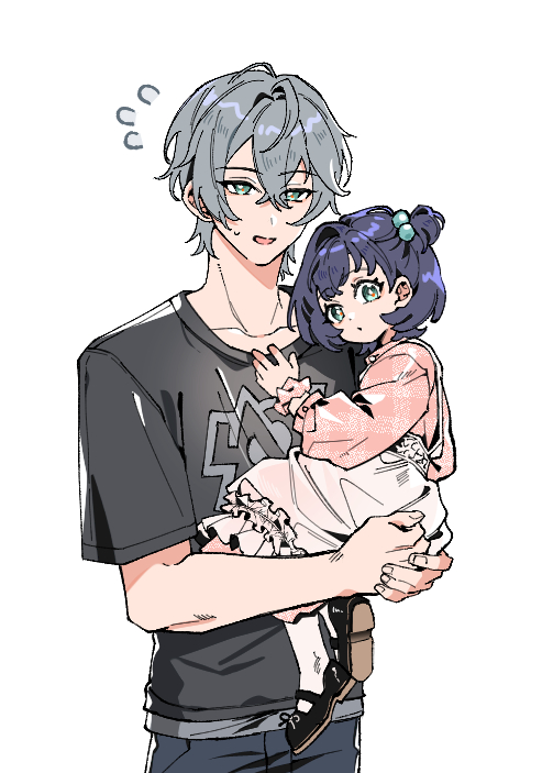 1boy, 1girl, aged_down, belle_(zenless_zone_zero), black_shirt, blue_hair, brother_and_sister, carrying, child_carry, collarbone, commentary_request, crossed_bangs, flying_sweatdrops, green_eyes, grey_hair, hair_between_eyes, korean_commentary, looking_at_viewer, open_mouth, seho_(kdldlcl), shirt, short_hair, siblings, simple_background, sweatdrop, t-shirt, white_background, wise_(zenless_zone_zero), zenless_zone_zero