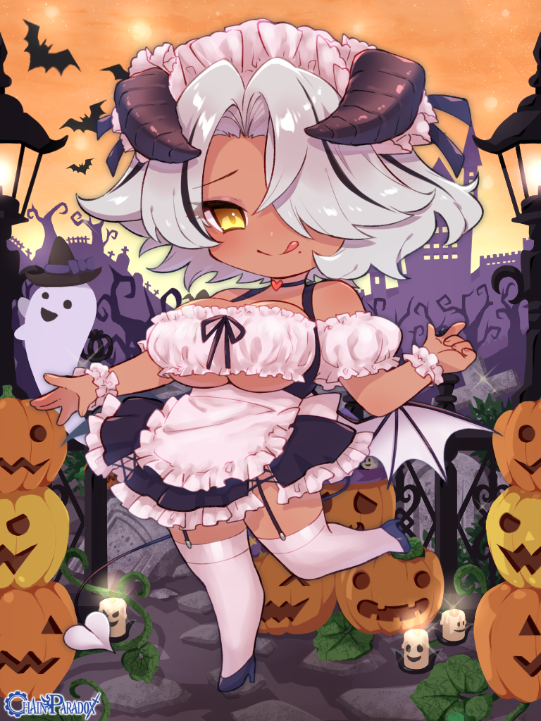 1girl, apron, black_horns, black_skirt, breasts, chain_paradox, chibi, choker