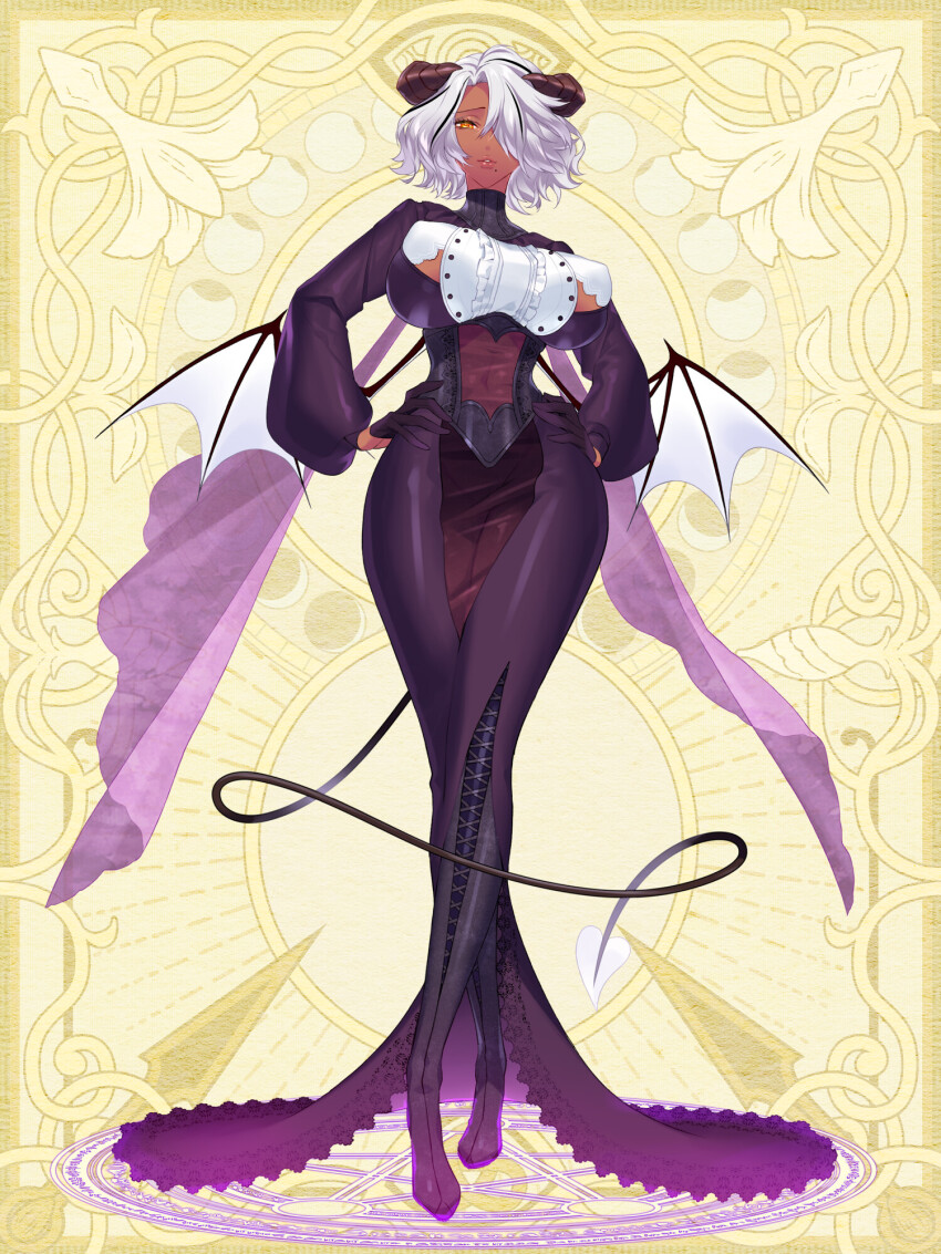 1girl, black_boots, black_hair, boots, breasts, brown_horns, chain_paradox, dark-skinned_female