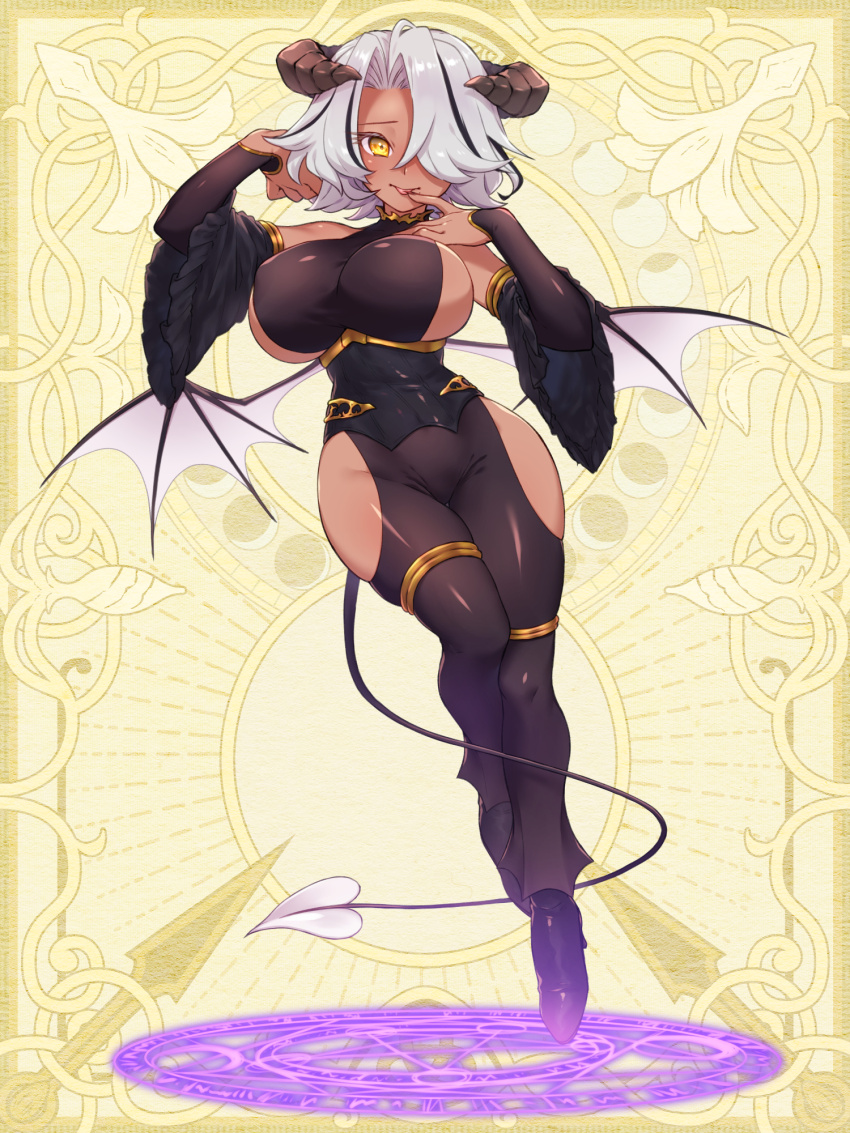 1girl, black_hair, breasts, brown_horns, chain_paradox, dark-skinned_female, dark_skin, demon_girl