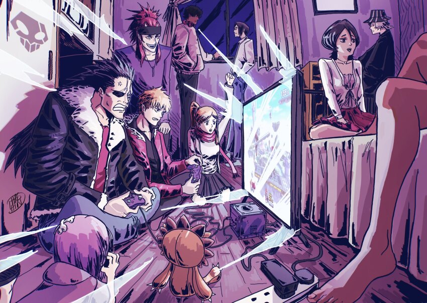 3girls, 6+boys, abarai_renji, anger_vein, arm_up, black_hair, bleach, character_request, commentary, dhashinn, glasses, hair_slicked_back, hat, headband, highres, indoors, inoue_orihime, ishida_uryuu, kon_(bleach), kuchiki_rukia, kurosaki_ichigo, multiple_boys, multiple_girls, out_of_frame, playing_games, playing_video_games, ponytail, red_hair, red_skirt, sado_yasutora, scarf, shihouin_yoruichi, skirt, smile, urahara_kisuke, zaraki_kenpachi