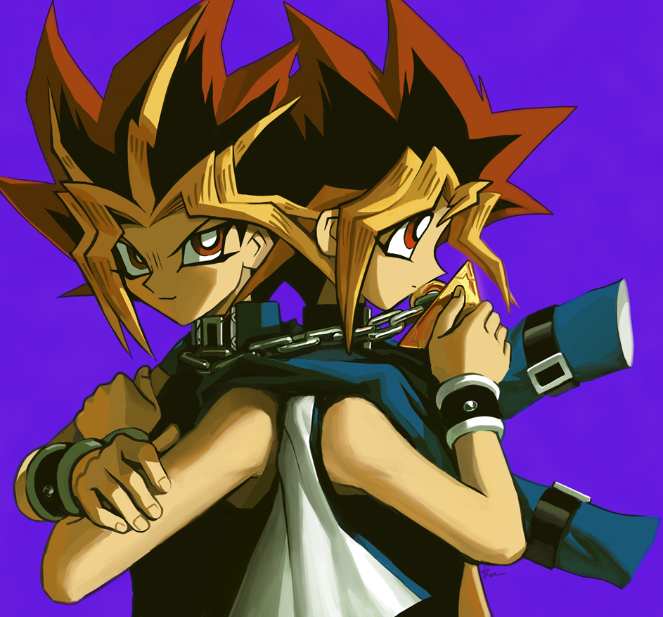 2boys, black_hair, black_shirt, blonde_hair, chain, colored_bangs, dual_persona, holding, jacket, jewelry, looking_at_viewer, male_focus, millennium_puzzle, multicolored_hair, multiple_boys, muto_yugi, peacock_hair, pngheavy, shirt, smile, spiked_hair, yami_yugi, yu-gi-oh!, yu-gi-oh!_duel_monsters