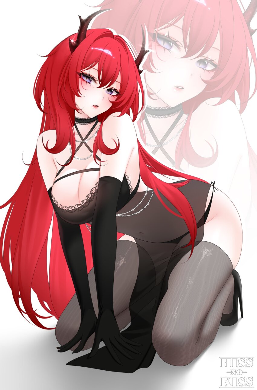 1girl, arknights, arknights:_endfield, artist_name, bare_shoulders, black_dress, black_gloves, black_horns, black_panties, black_pantyhose, breasts, cleavage, commentary, demon_horns, dress, elbow_gloves, gloves, highres, hissnokiss, horns, laevatain_(arknights), large_breasts, long_hair, panties, pantyhose, pink_eyes, red_hair, solo, surtr_(arknights), underwear, very_long_hair, white_background, zoom_layer