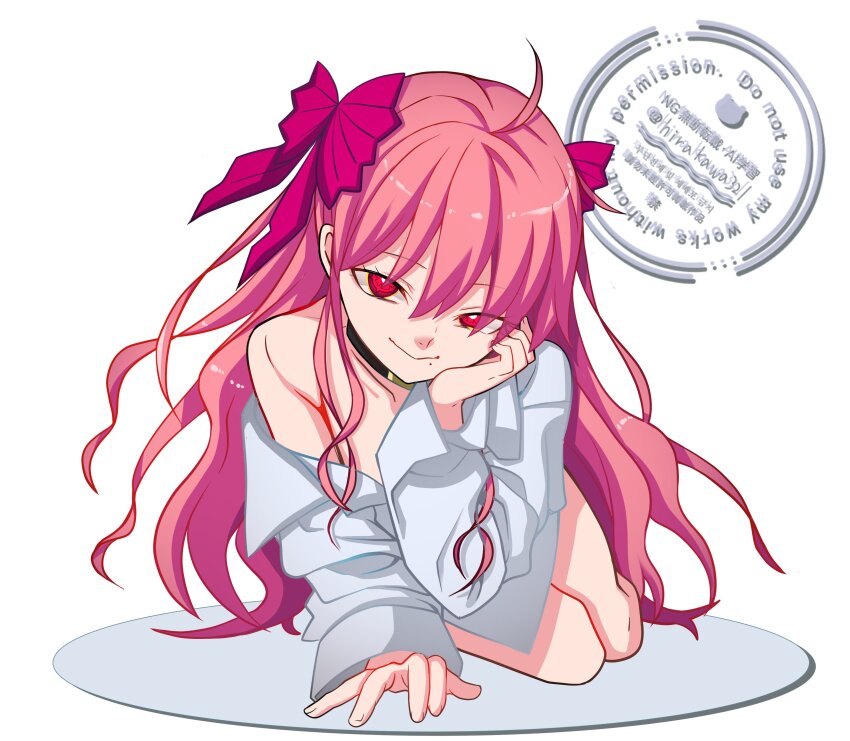 1girl, absurdres, arm_support, bare_shoulders, bottomless, bow, choker, collared_shirt, commentary_request, convenient_censoring, dead_apostle_noel_(tsukihime), hair_between_eyes, hair_bow, hand_on_own_chin, highres, hirakawa, long_hair, looking_at_viewer, mole, mole_under_mouth, mystic_eyes_of_roses, noel_(tsukihime), pink_bow, pink_hair, red_eyes, shirt, smile, solo, symbol_in_eye, thighs, tsukihime, tsukihime_(remake), two_side_up, upper_body, vampire, white_shirt