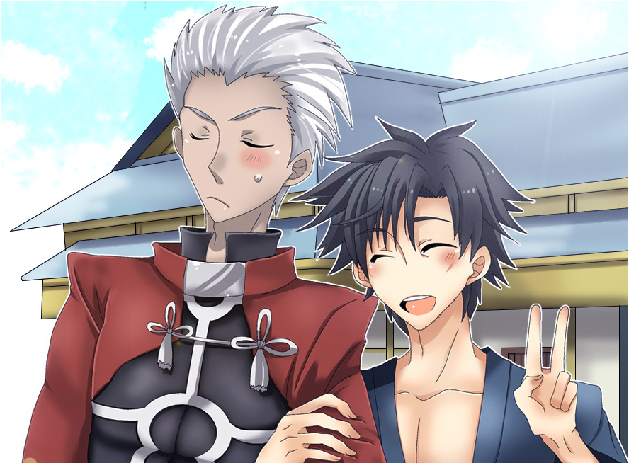 2boys, ^_^, archer_(fate), arm_grab, bad_id, bad_pixiv_id, black_hair, blush