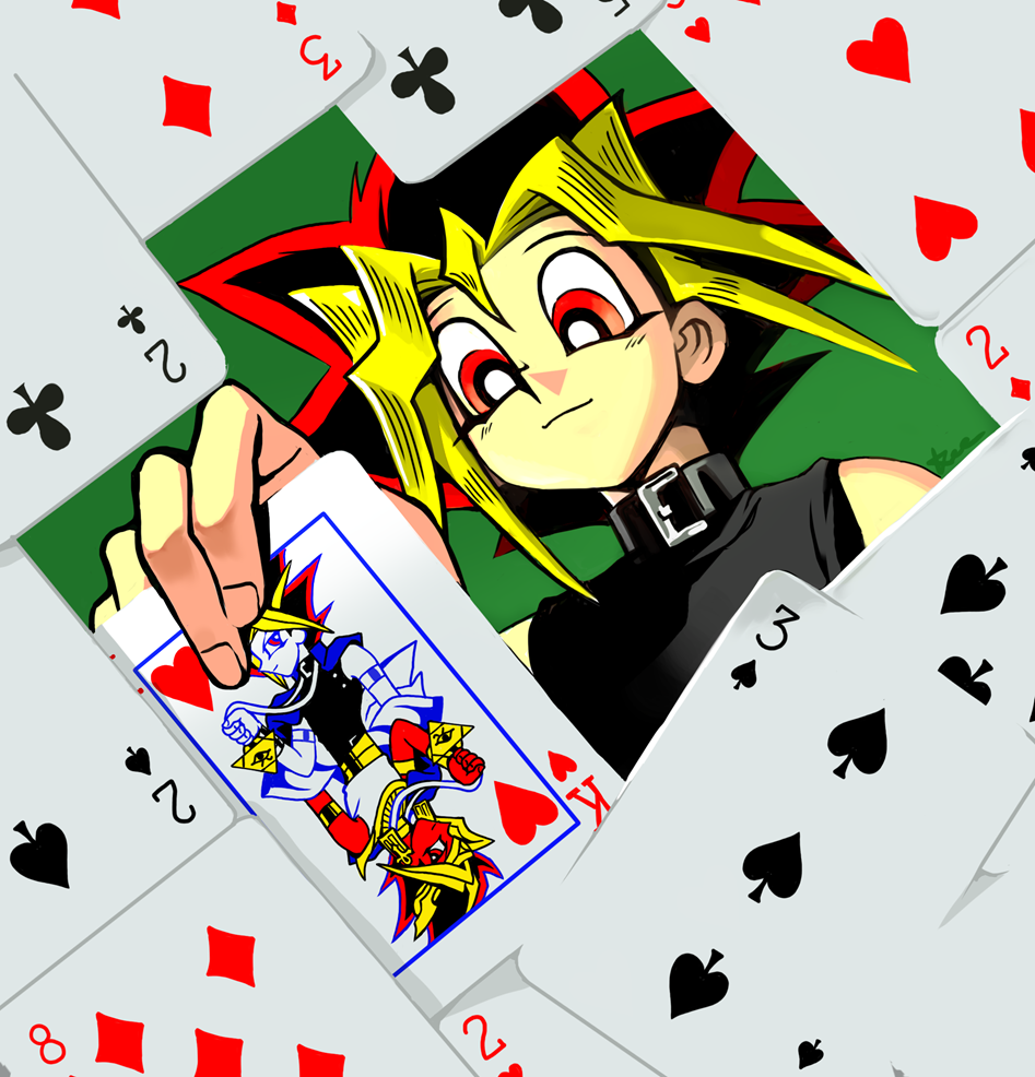 1boy, atem, black_hair, black_shirt, blonde_hair, blonde_streaks, card, collar