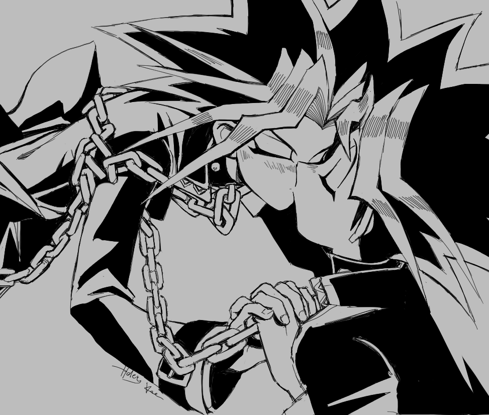 2boys, black_hair, chain, closed_mouth, colored_bangs, domino_high_school_uniform, eyeliner, jacket