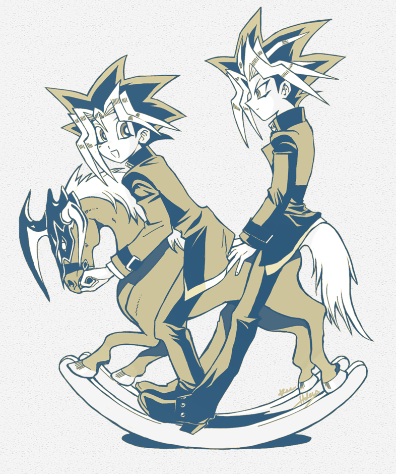 2boys, black_hair, colored_bangs, domino_high_school_uniform, dual_persona, horse, jacket, male_focus