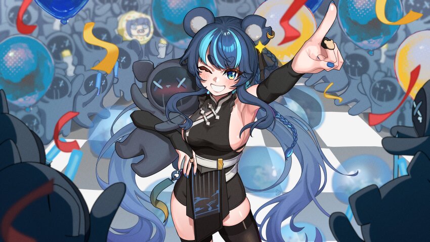 1girl, ;d, absurdres, animal_ear_piercing, animal_ears, arm_warmers, armpits, asymmetrical_legwear