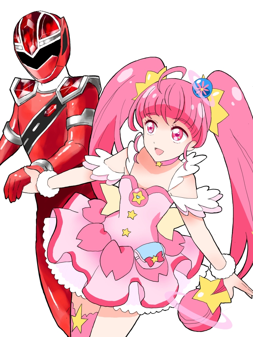 1boy, 1girl, :d, ahoge, arched_bangs, assault_visor, asymmetrical_legwear, back_bow