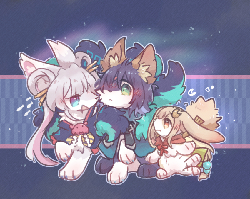 :t, animal_focus, animal_with_hair, animalization, black_hair, blonde_hair, blue_background, blue_cape