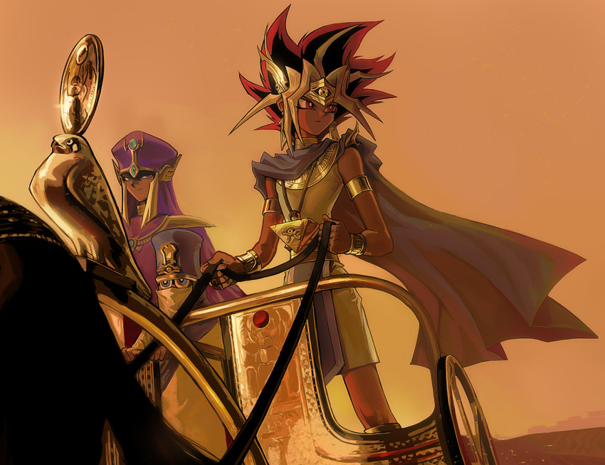 2boys, ancient_egyptian, ancient_egyptian_clothes, armlet, atem, black_hair, blonde_hair, chariot