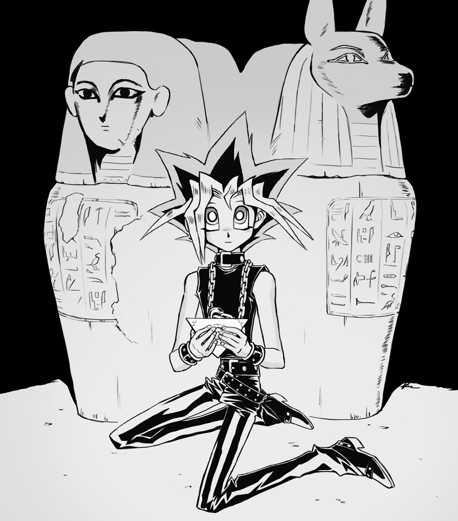 1boy, black_hair, black_shirt, canopic_jar, colored_bangs, holding, male_focus, millennium_puzzle