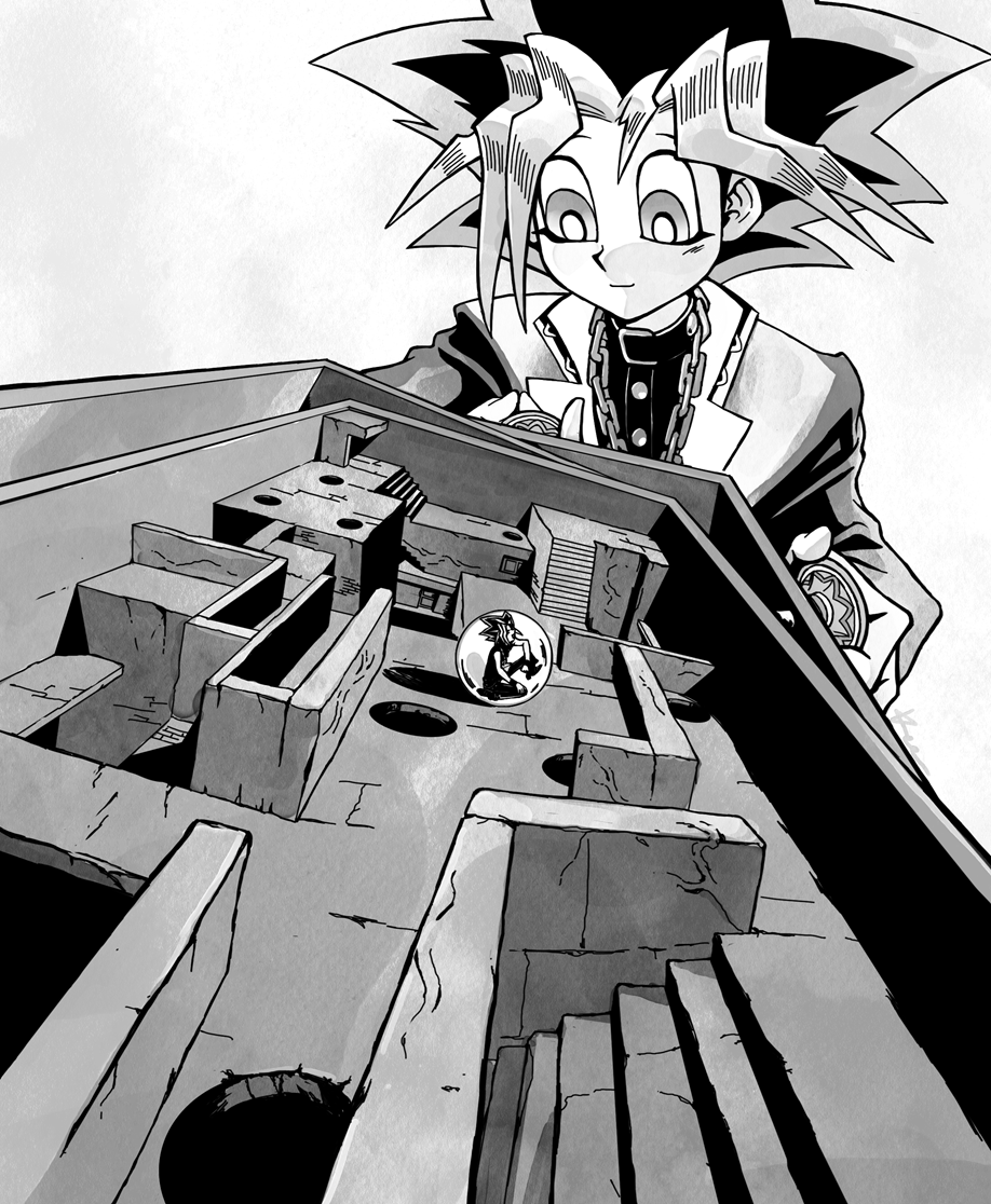 2boys, black_hair, blonde_streaks, chain, chain_necklace, colored_bangs, domino_high_school_uniform, jewelry