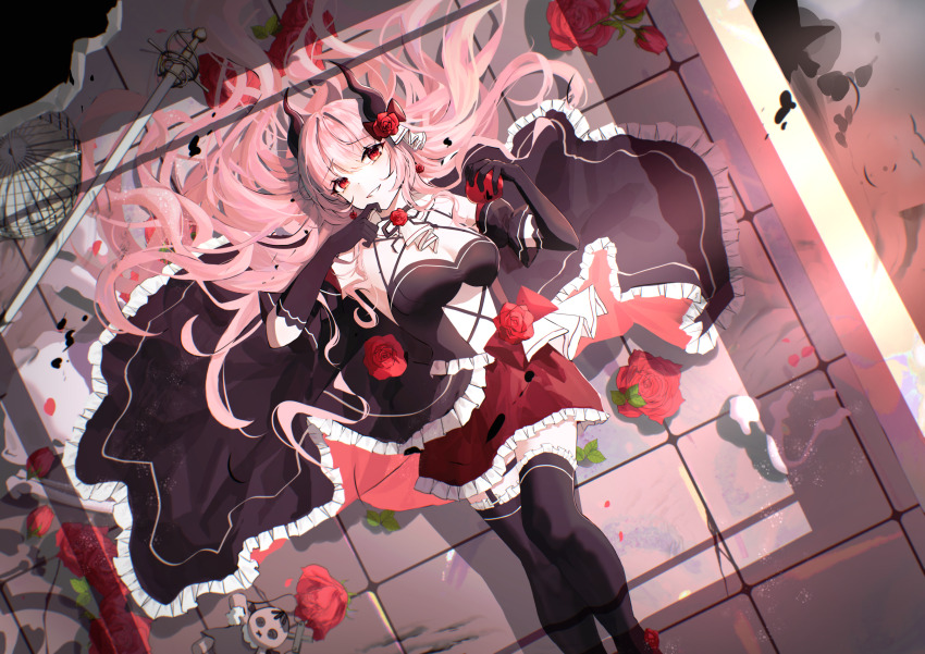 1girl, absurdres, apple, bare_shoulders, black_choker, black_dress, black_gloves, black_thighhighs