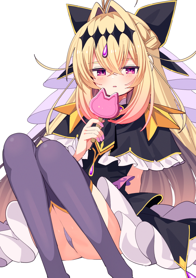 1girl, amagamihau, antenna_hair, black_bow, black_capelet, black_dress, black_panties, black_thighhighs