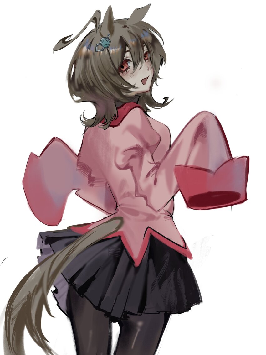 1girl, agnes_tachyon_(umamusume), ahoge, animal_ears, black_pantyhose, black_shirt, breasts, brown_eyes