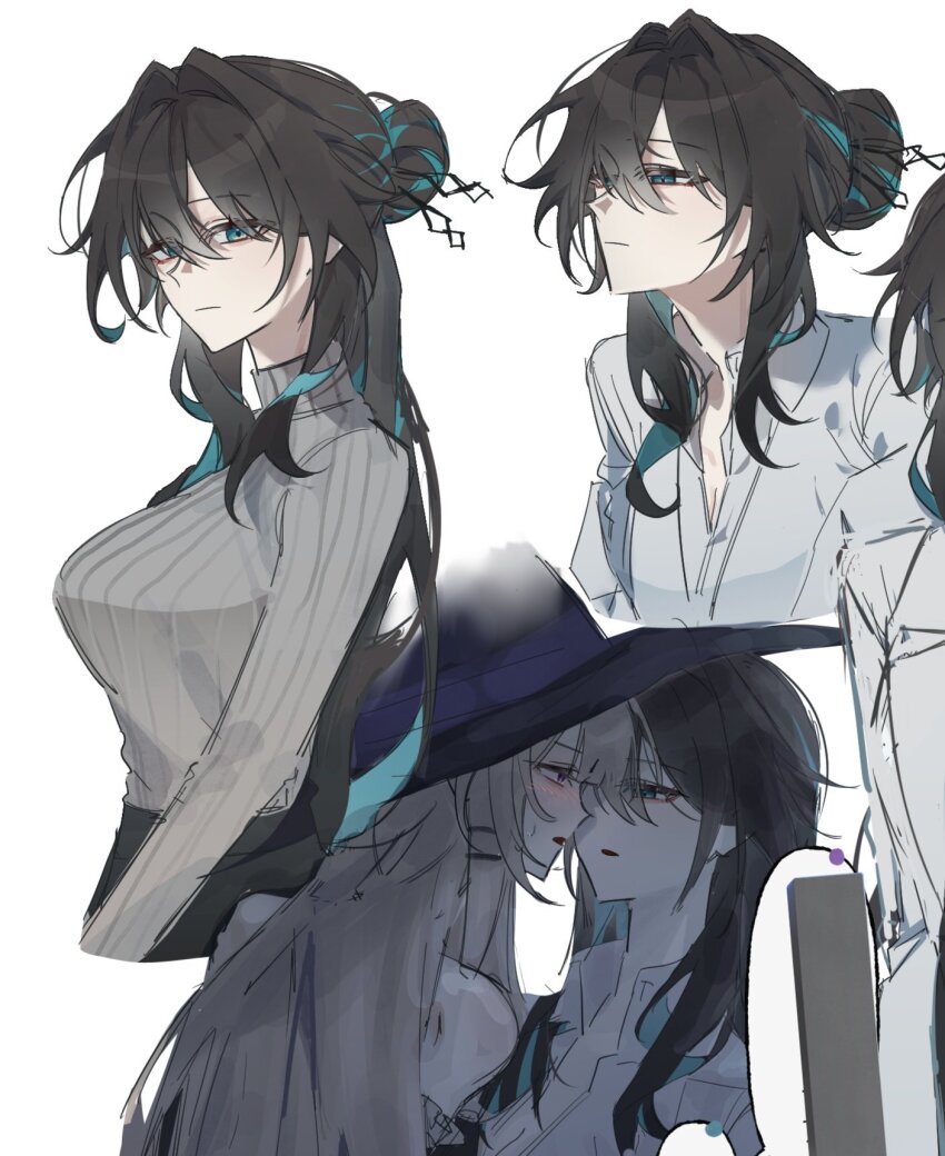 2girls, alternate_costume, aqua_eyes, aqua_hair, black_hair, black_hat, blush, breasts, brown_hair, brown_sweater, closed_mouth, collared_shirt, commentary, eyeliner, face-to-face, hair_between_eyes, hair_bun, hat, herta_(honkai:_star_rail), highres, honkai:_star_rail, honkai_(series), imminent_kiss, large_breasts, long_hair, looking_at_viewer, makeup, multicolored_hair, multiple_girls, multiple_views, open_mouth, purple_eyes, red_eyeliner, ruan_mei_(honkai:_star_rail), salmon_fish7, shirt, simple_background, streaked_hair, sweater, the_herta_(honkai:_star_rail), turtleneck, turtleneck_sweater, untranslatable_commentary, very_long_hair, white_background, white_shirt, witch_hat, yuri