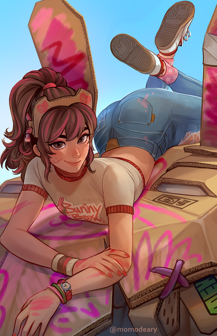 1girl, alt_text, animal_ears, ass, blue_pants, blue_sky, bracelet, brown_eyes, brown_hair, cardboard_costume, cardboard_d.va, cardboard_ears, casual, commentary, crop_top, d.va_(overwatch), denim, english_commentary, eyeshadow, facial_tattoo, fake_animal_ears, feet_up, flower_tattoo, full_body, jeans, jewelry, long_hair, looking_at_viewer, lying, makeup, meka_(overwatch), midriff, mismatched_eyebrows, momo-deary, multicolored_hair, nail_polish, official_alternate_costume, on_stomach, overwatch, paid_reward_available, paint_splatter, pants, pink_eyeshadow, pink_hair, ponytail, red_nails, shirt, shoes, sky, smile, smirk, smug, sneakers, solo, streaked_hair, t-shirt, tattoo, the_pose, thick_eyebrows, torn_clothes, torn_jeans, torn_pants, watch, wristwatch