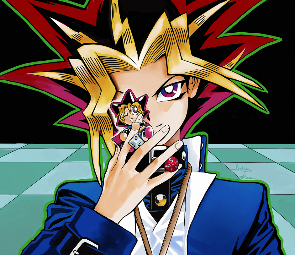 1boy, black_hair, blonde_hair, character_figure, colored_bangs, dice, domino_high_school_uniform, holding, holding_dice, male_focus, multicolored_hair, muto_yugi, official_style, peacock_hair, pngheavy, purple_eyes, school_uniform, shirt, smile, solo, spiked_hair, theholeyness, yami_yugi, yu-gi-oh!, yu-gi-oh!_duel_monsters