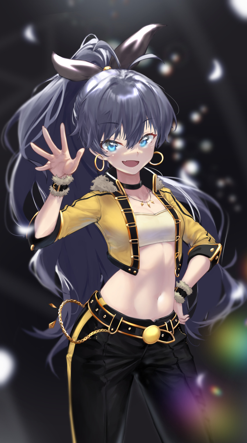 1girl, absurdres, antenna_hair, belt, black_belt, black_choker, black_hair, black_pants