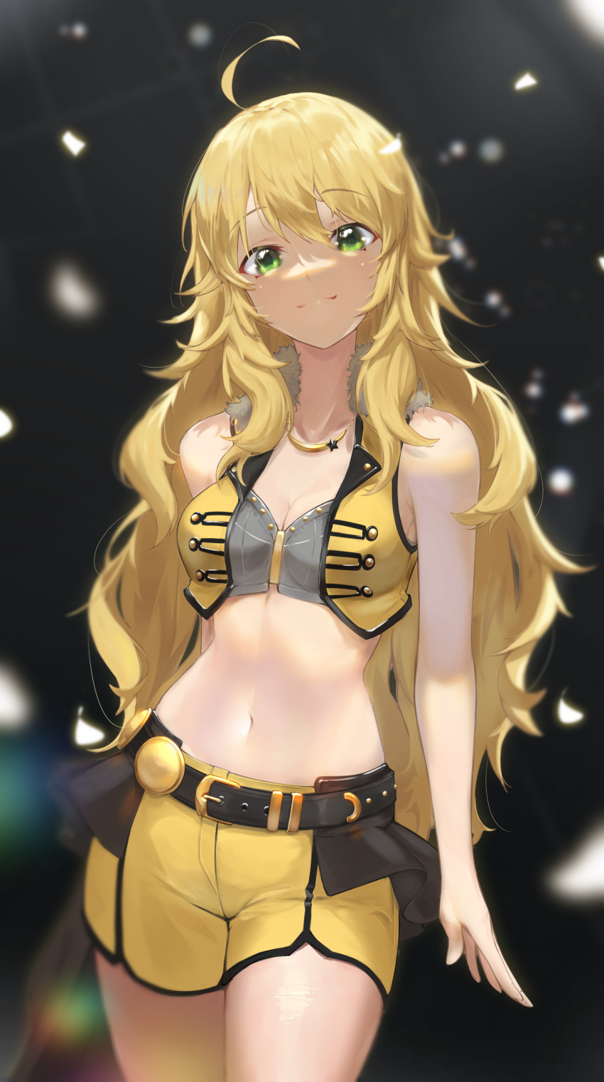 1girl, absurdres, ahoge, bare_arms, belt, black_belt, blonde_hair, blurry