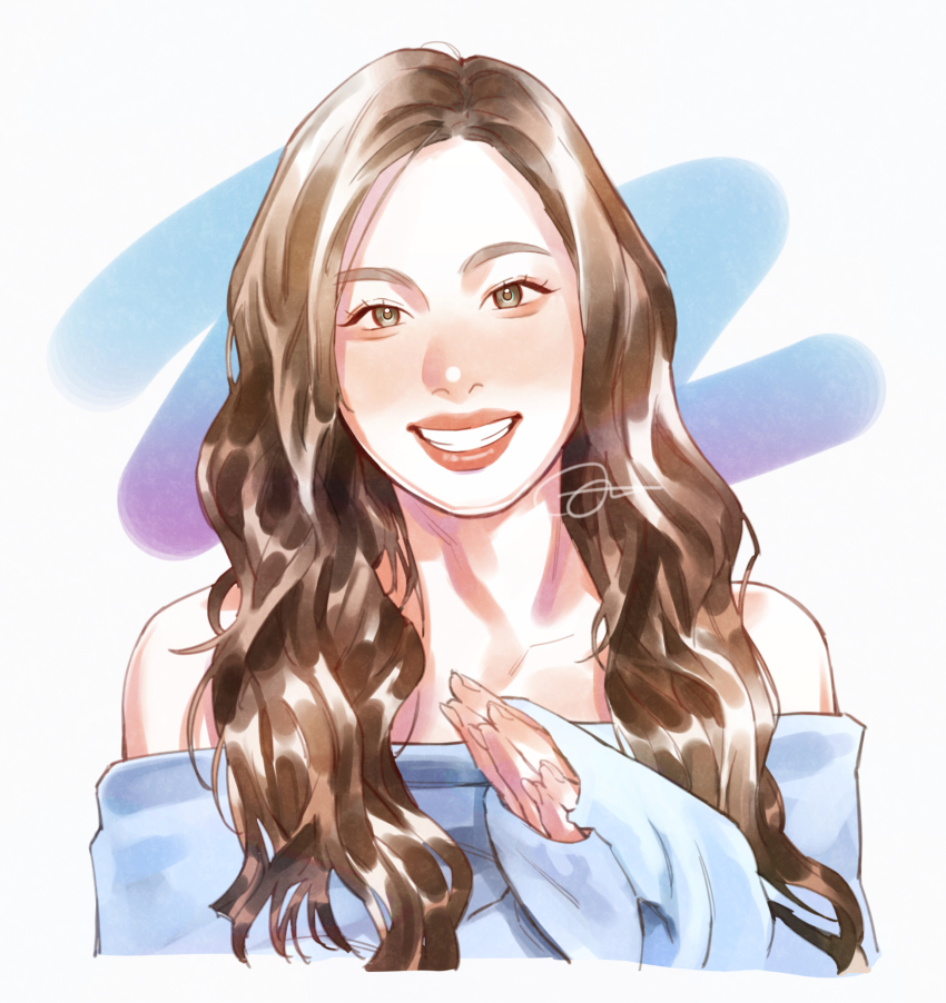 1girl, blue_sweater, blush, brown_eyes, brown_hair, collarbone, highres, k-pop