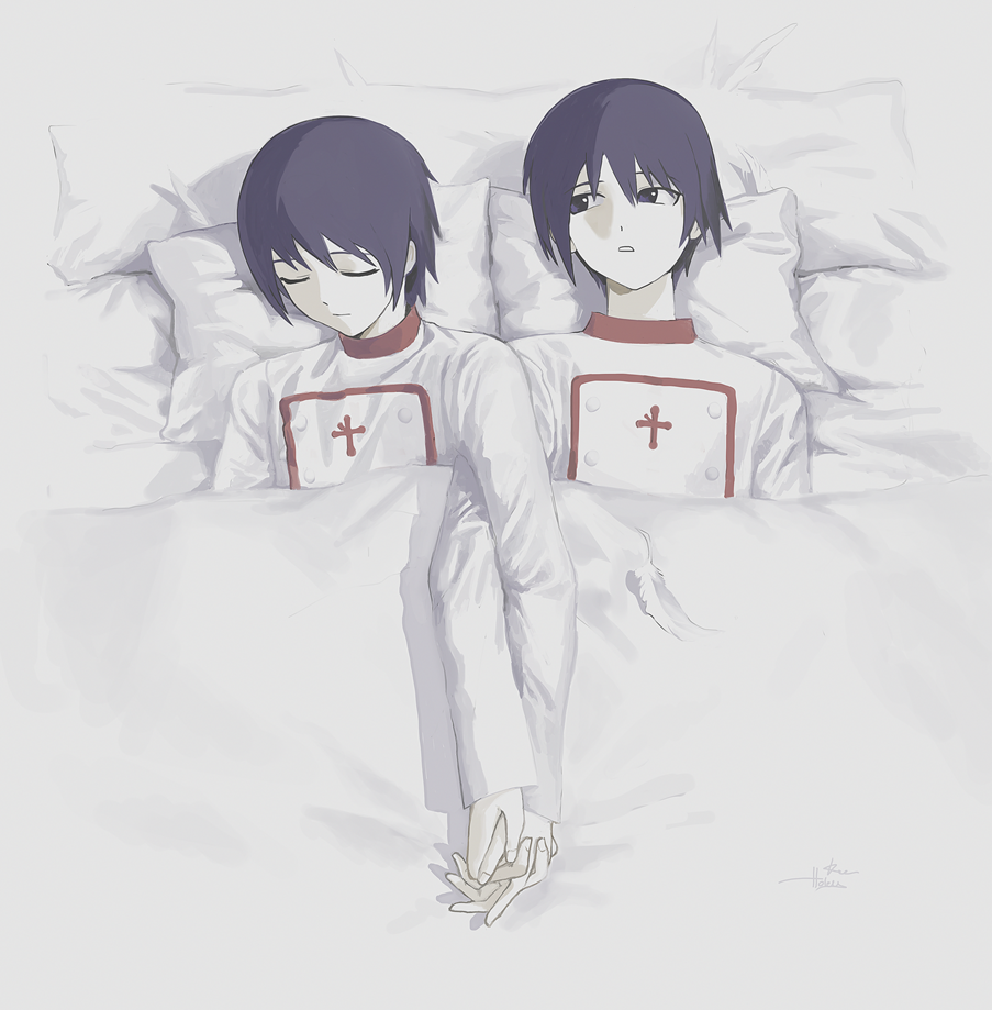 2boys, baroque_(series), brothers, closed_eyes, closed_mouth, cross, male_focus, multiple_boys