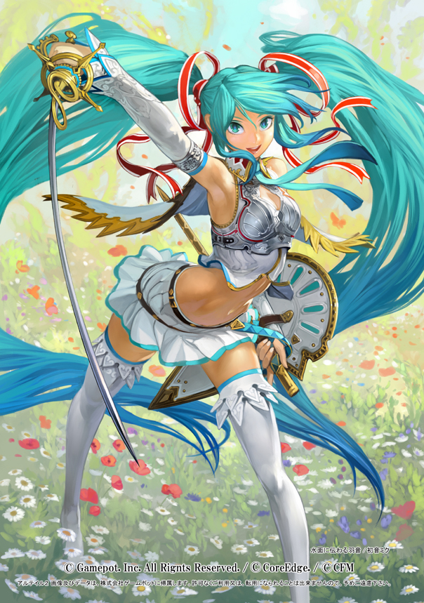 1girl, alteil, alteil_battle_rpg, alternate_costume, aqua_eyes, aqua_hair, arched_back, armpits, detached_sleeves, female_focus, hatsune_miku, legs, long_hair, long_legs, midriff, miniskirt, navel, shield, skirt, smile, solo, sword, takayama_toshiaki, thighhighs, twintails, very_long_hair, vocaloid, weapon, white_thighhighs, zettai_ryouiki