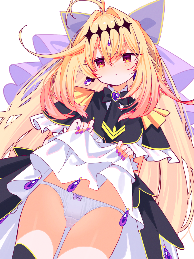 1girl, amagamihau, antenna_hair, black_bow, black_bowtie, black_dress, black_thighhighs, blonde_hair, bow, bow_panties, bowtie, brooch, capelet, closed_mouth, clothes_lift, commentary, cowboy_shot, crotch_seam, cure_arcana_shadow, diamond_hairband, dress, dress_lift, dutch_angle, earrings, frilled_capelet, frilled_cuffs, frilled_dress, frills, gradient_hair, hair_bow, hair_intakes, heart, heart_brooch, jewelry, large_variant_set, layered_dress, lifting_own_clothes, long_hair, looking_at_viewer, magical_girl, meitantei_precure!, moria_luluka, multicolored_hair, panties, precure, psd_available, purple_nails, purple_veil, red_eyes, simple_background, solo, standing, thighhighs, underwear, variant_set, veil, very_long_hair, white_background, white_panties