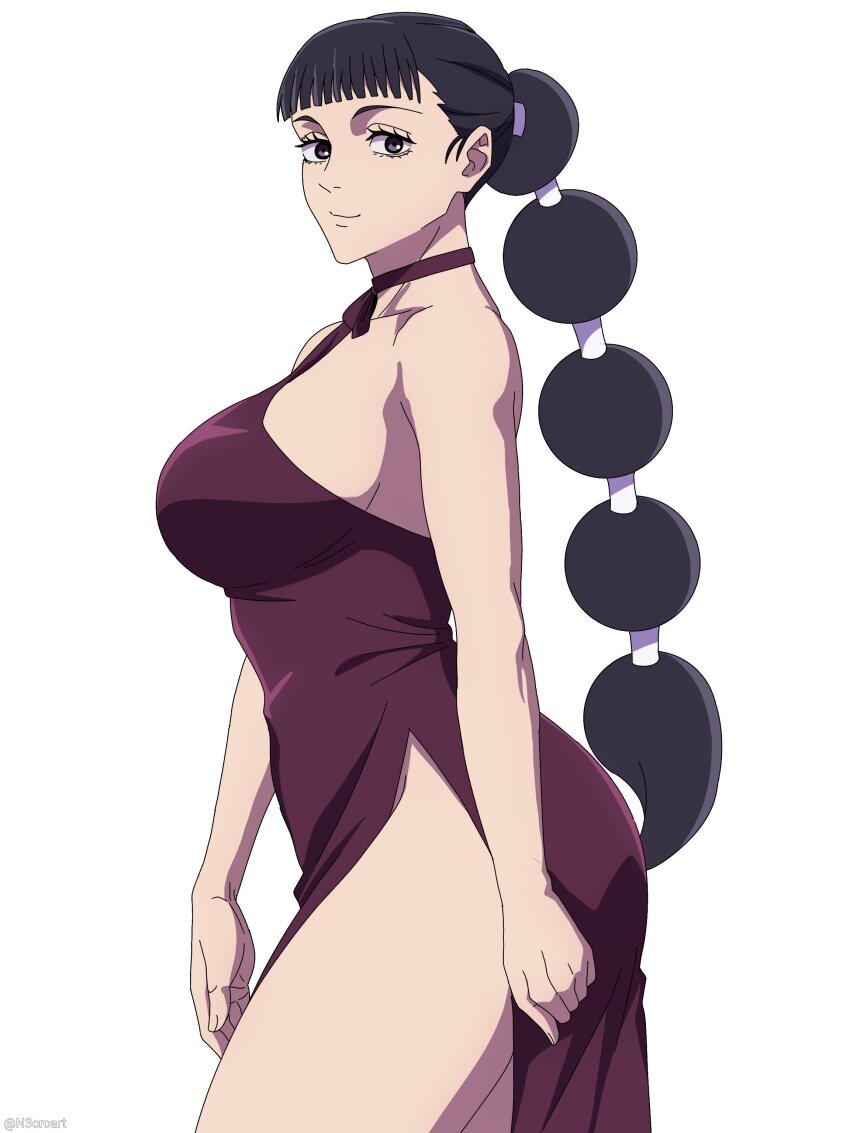 1girl, absurdres, black_hair, bob_cut, breasts, commentary, dress, highres, jujutsu_kaisen, long_hair, low_ponytail, n3croart, ponytail, purple_dress, purple_eyes, remi_(jujutsu_kaisen), side_slit, simple_background, smile, thick_thighs, thighs, twintails, twitter_username, white_background