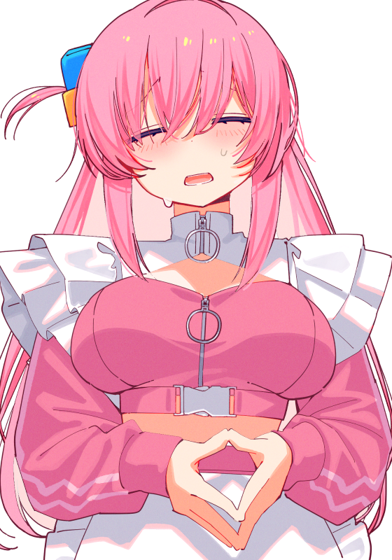 1girl, amagamihau, apron, bocchi_the_rock!, closed_eyes, commentary, cube_hair_ornament, facing_viewer