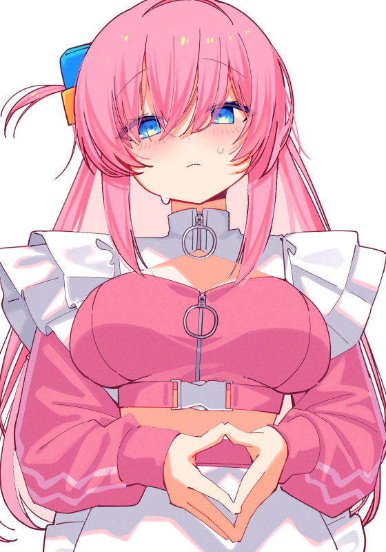 1girl, amagamihau, apron, blue_eyes, bocchi_the_rock!, closed_mouth, commentary, cube_hair_ornament