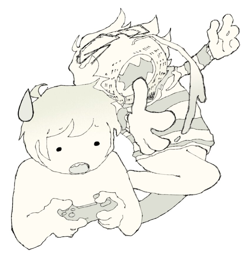 >_<, 2boys, chris_o'neill, controller, cory_beck, facial_hair, glasses, highres, holding, holding_controller, multiple_boys, oneyplays, stubble, sweatdrop, teeth, uziiware