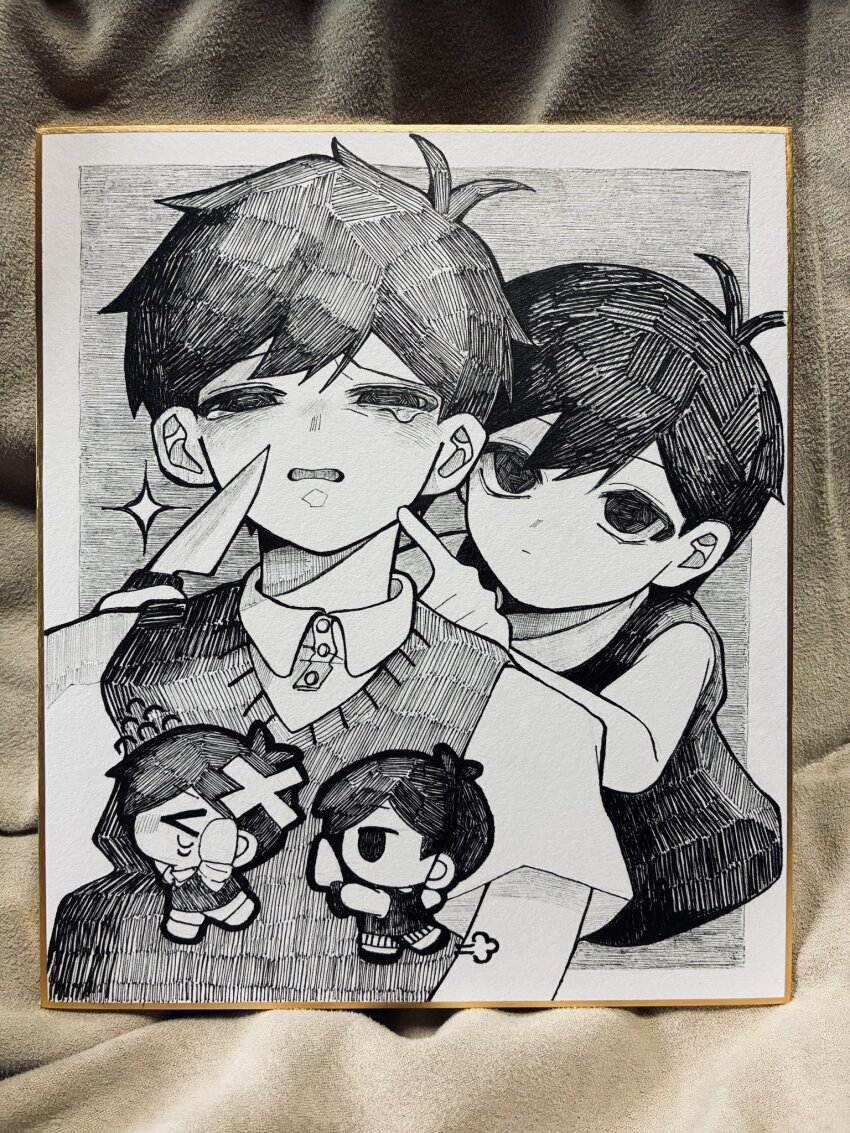 2boys, antenna_hair, chibi, closed_mouth, commentary_request, double-parted_bangs, dual_persona, flying_sweatdrops