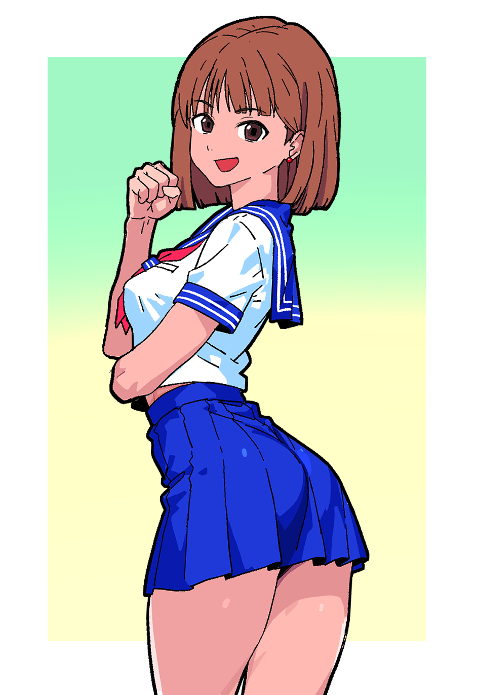 :d, blouse, blue_skirt, breasts, brown_eyes, brown_hair, clenched_hand, earrings, gradient_background, hand_up, highres, janken_game_acchi_muite_hoi!, jewelry, medium_breasts, neckerchief, open_mouth, pleated_skirt, red_neckerchief, sailor_collar, school_uniform, serafuku, shirt, short_hair, simple_background, skirt, smile, tomomi_(janken_game_acchi_muite_hoi!), white_shirt, yaki_apple