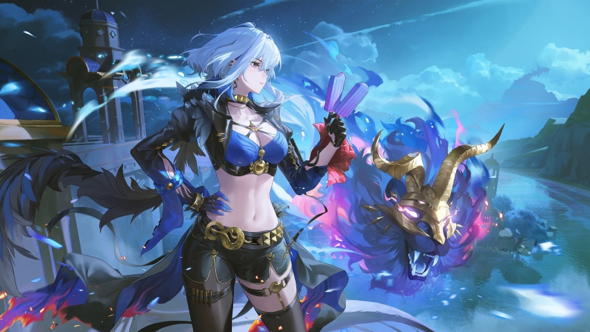 1girl, absurdres, black_gloves, black_jacket, black_pantyhose, black_shorts, black_thighhighs, blue_bra