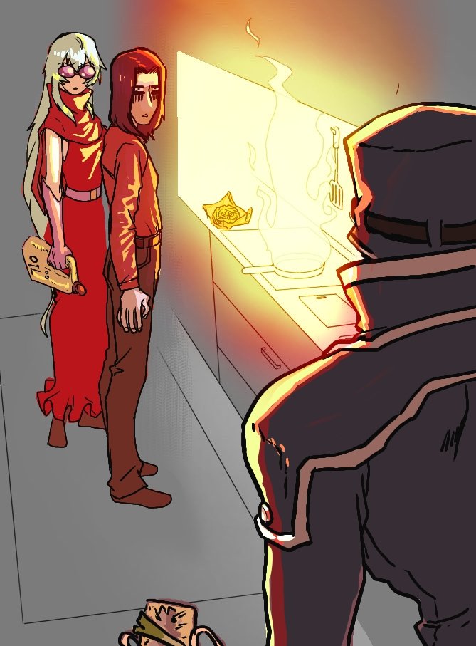 1girl, 2boys, :<, archnemon, belt, chocolate_making_disaster_(meme), cooking, digimon