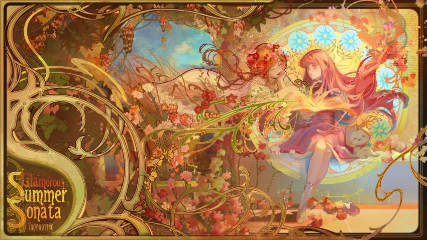 2girls, animal, ankle_socks, art_nouveau, bow, bowtie, brown_eyes, cat, cloak, closed_eyes, closed_mouth, clothed_animal, collared_shirt, dress, dress_bow, dress_ribbon, ear_covers, english_text, floating_hair, flower, food, frilled_shirt_collar, frills, fruit, full_body, grapes, head_wreath, high_collar, highres, hood, hood_up, hooded_cloak, indoors, light_particles, lipstick, long_dress, long_hair, long_sleeves, looking_at_another, low_ponytail, makeup, medium_dress, mikatomorrow, momo_(nikki), multiple_girls, navel, nikki_(nikki), nikki_(series), orange_hair, pages_of_reverie_(shining_nikki), parted_lips, pawpads, picture_frame, pinafore_dress, pink_dress, pink_flower, pink_hair, plant, pleated_dress, ponytail, red_bow, red_bowtie, red_flower, red_lips, red_ribbon, ribbon, shining_nikki, shirt, shoes, sitting, sleeping, sleeveless, sleeveless_dress, smile, socks, stained_glass, third-party_source, tile_floor, tiles, traditional_bowtie, very_long_hair, vines, white_cat, white_shirt, white_shoes, white_socks, yellow_cloak, yellow_dress