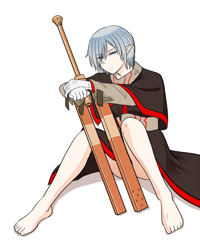 1boy, barefoot, closed_mouth, commentary_request, full_body, gloves, holding, holding_weapon