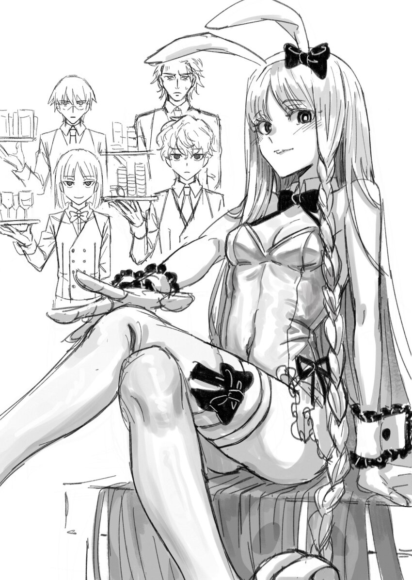 1girl, 4boys, alternate_costume, animal_ears, baixiang1234567, bare_shoulders, blush, braid