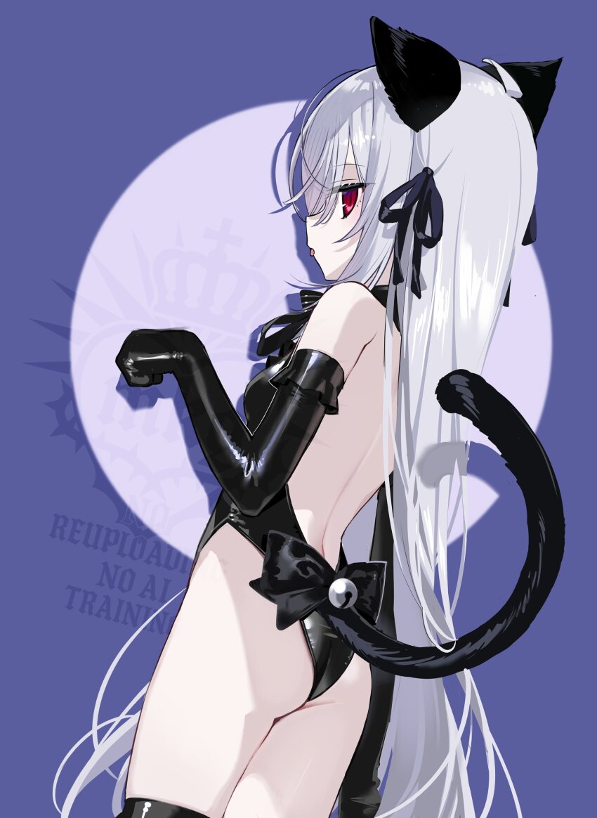 1girl, absurdres, animal_ears, ass, black_leotard, breasts, cat_ears, cat_tail, elbow_gloves, gloves, grey_hair, highres, latex, latex_gloves, latex_leotard, leotard, loli, long_hair, mearylis_(yamanasi_mikage), original, red_eyes, small_breasts, solo, tail, thighhighs, very_long_hair, yamanasi_mikage