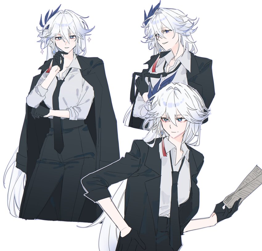 1girl, black_gloves, black_jacket, black_necktie, black_pants, closed_mouth, collared_shirt, commentary_request