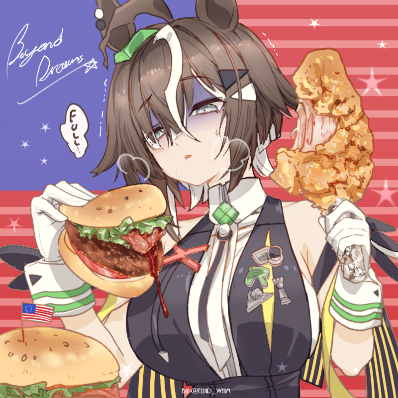 1girl, ahoge, animal_ears, bare_shoulders, between_breasts, breasts, brown_hair, burger