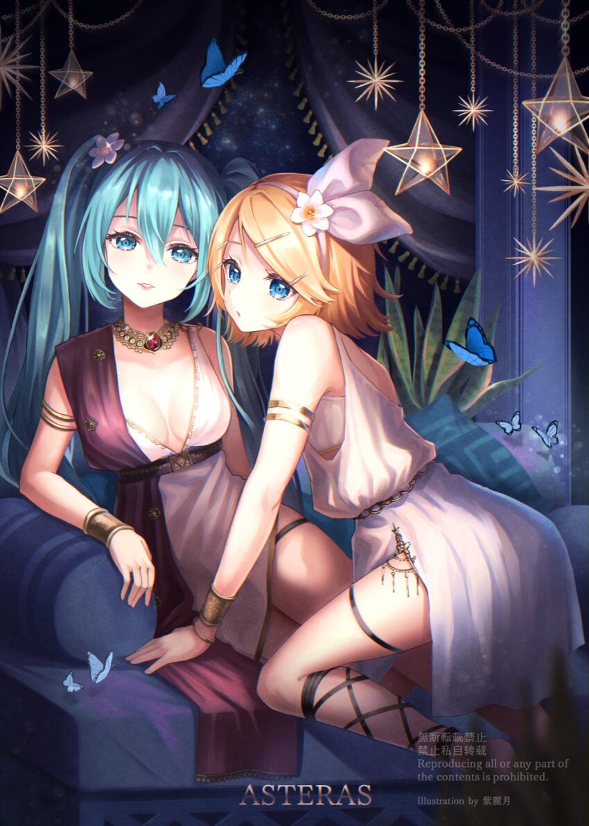 2girls, armlet, bare_arms, bare_legs, bare_shoulders, barefoot, belt, black_sky